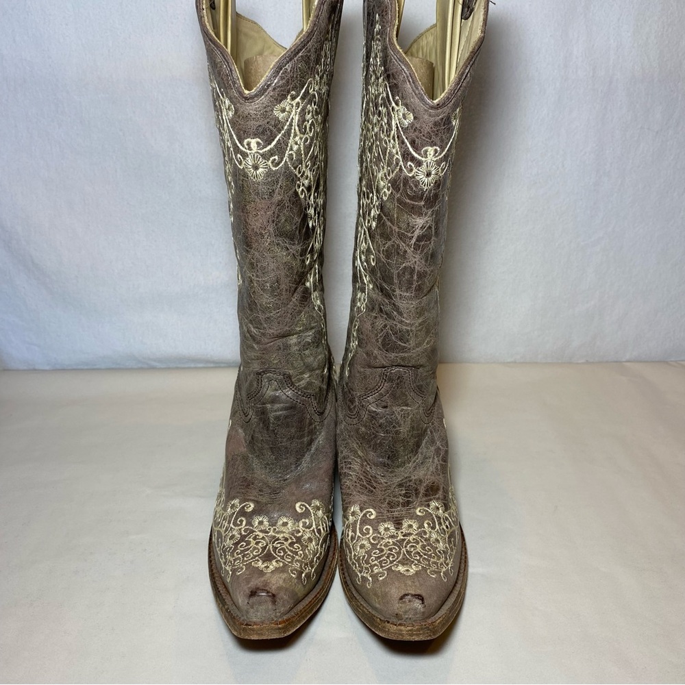 Corral Cowgirl Boots Crater Bone Embroidery Leather Western Snip Toe Women 7.5 M - Picture 5 of 10